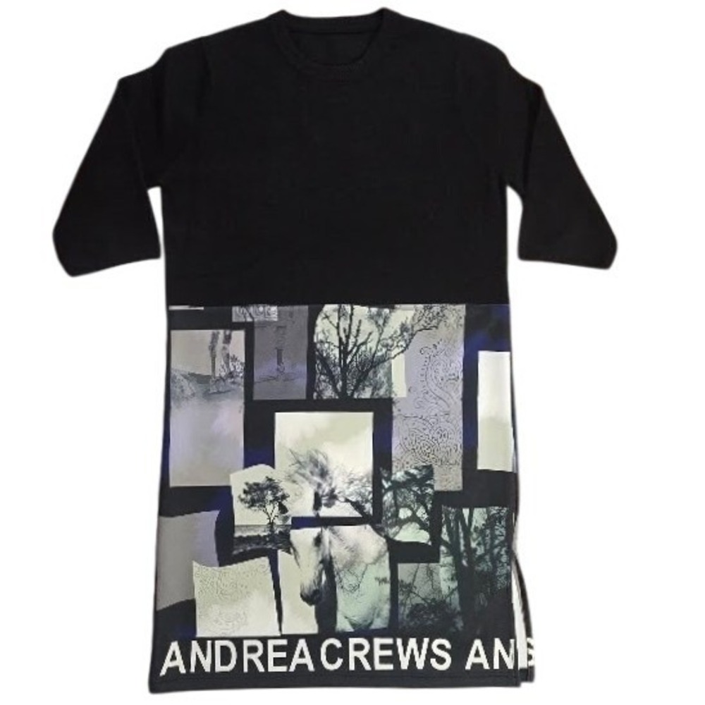 Andrea Crews designer Graphic Photo Print Scuba Shift Dress Black soft ONE SIZE